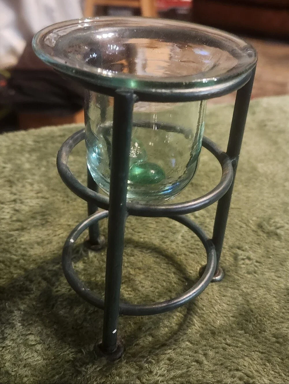 Green Glass Votive Candle Holder with Metal Stand